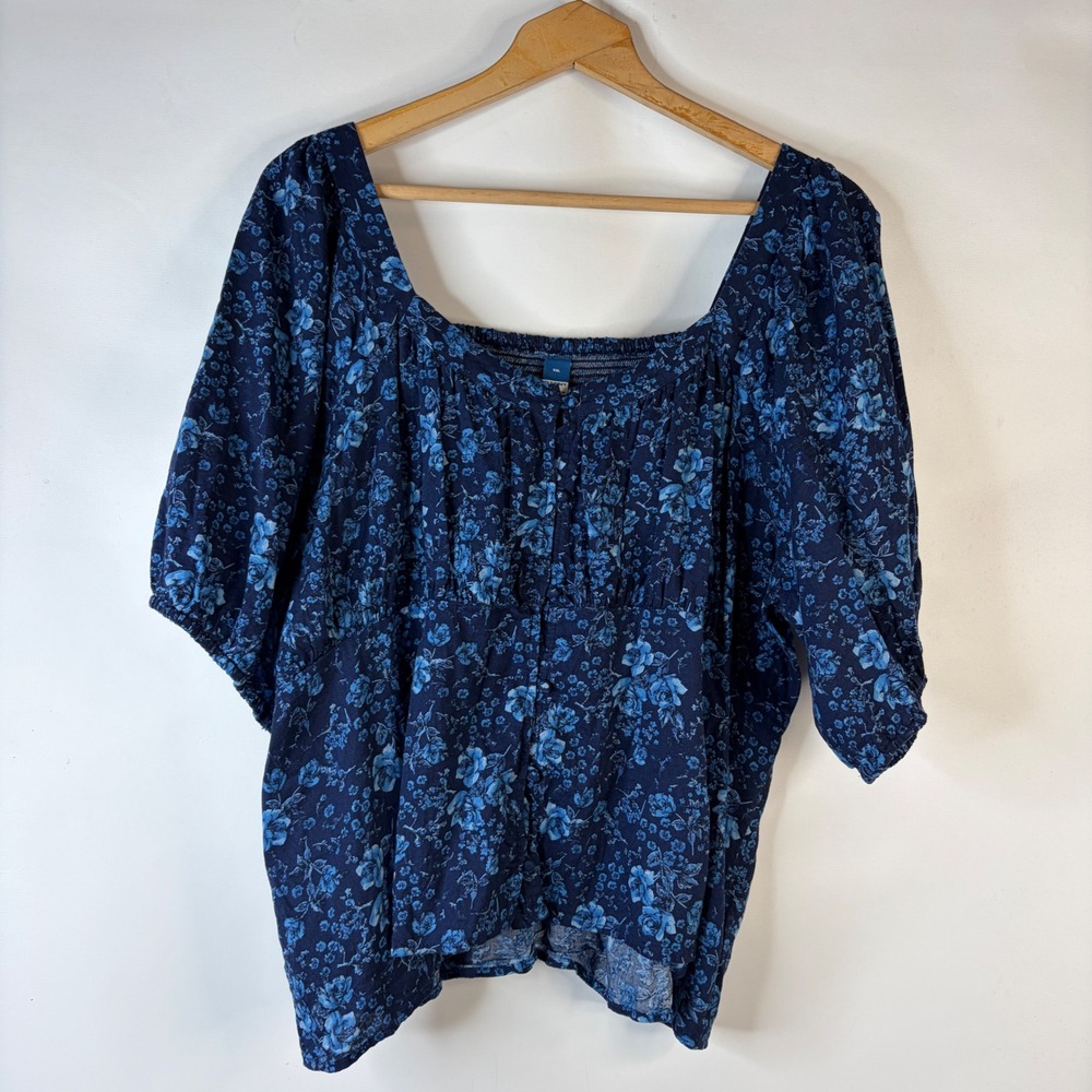 Old Navy Blouse Women XXL Blue Floral Square Neck Smocked Back Puff Sleeve